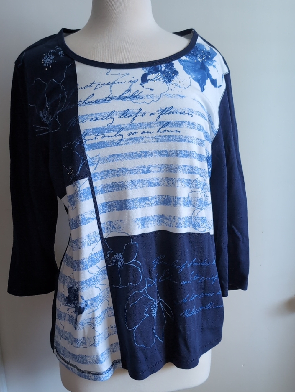 Karen Scott Navy & White Floral-Striped Long Sleeve Tee